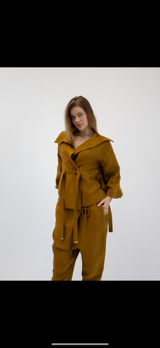Drawstring Soft linen Set in Brown