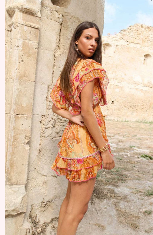 Embroidered Short Dress in Orange