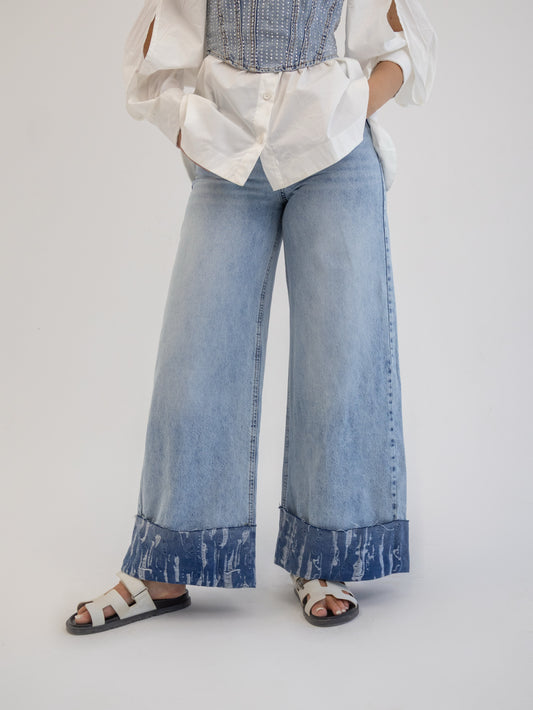 Cuffed Wide Leg Denim Pants