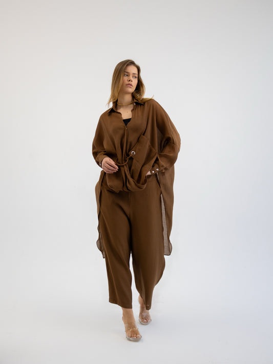 Drawstring Soft Linen Set In Brown