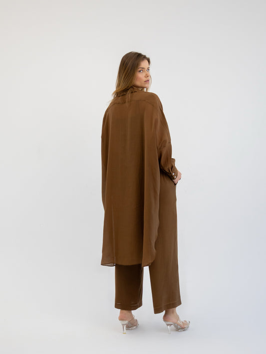 Drawstring Soft Linen Set In Brown