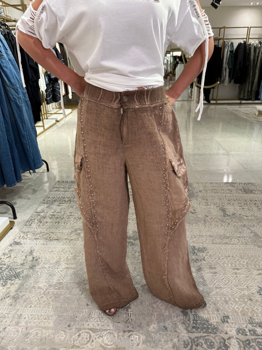 Irregular Studded Wide Leg Pants In Light Brown