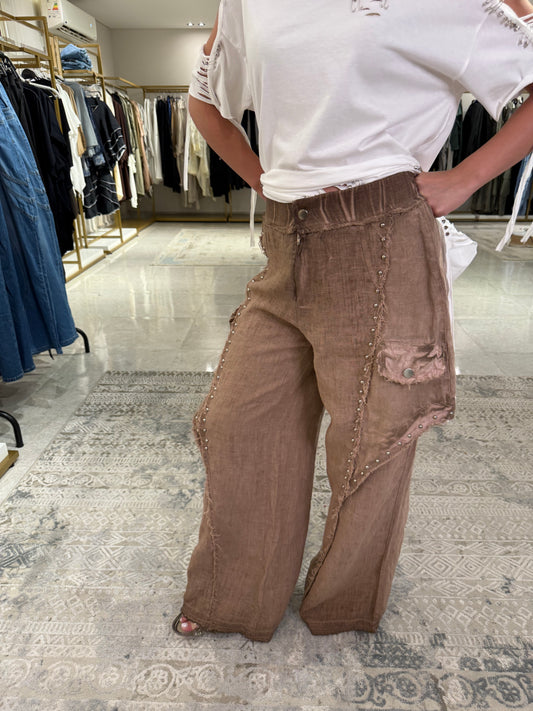 Irregular Studded Wide Leg Pants In Light Brown