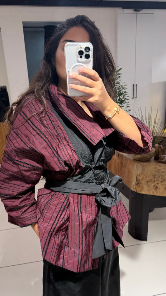 Stripped Belted Jacket In Burgundy