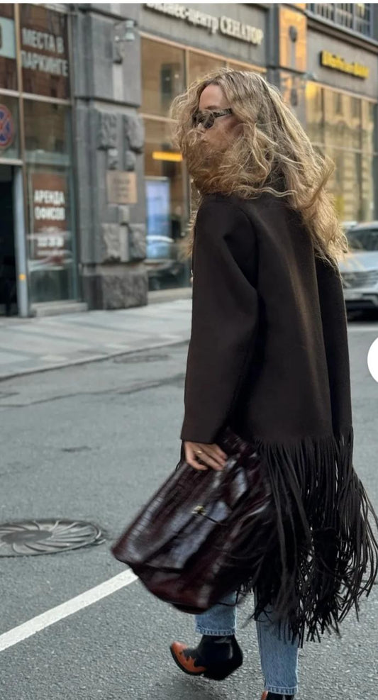 Oversize Long Fringes Coat/ Brown