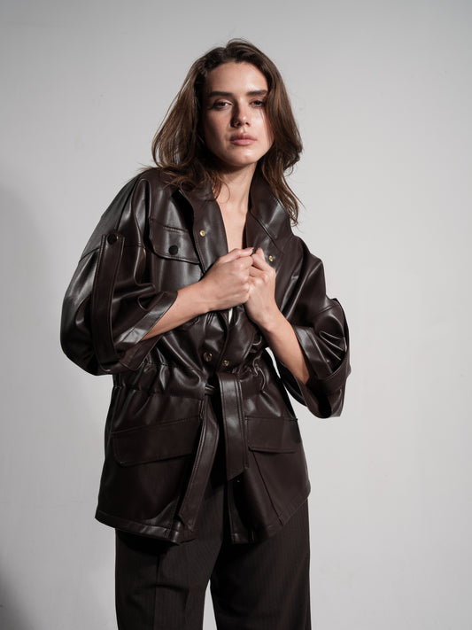 Belted Leather Jacket In Dark Brown