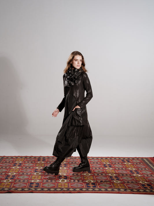 Noir Cocoon Dress With Scarf