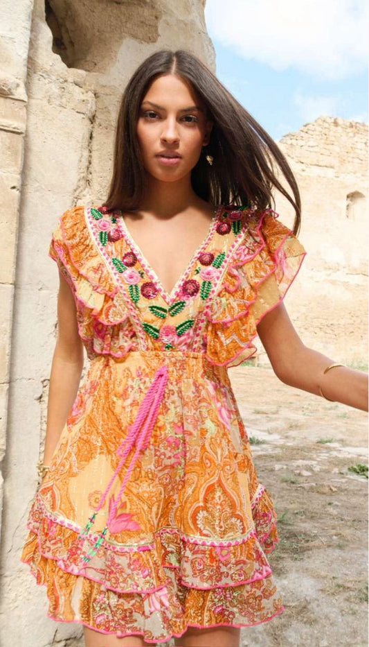 Embroidered Short Dress in Orange
