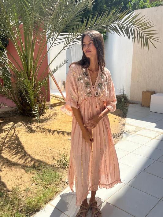 Embroidered Long Dress In Rose