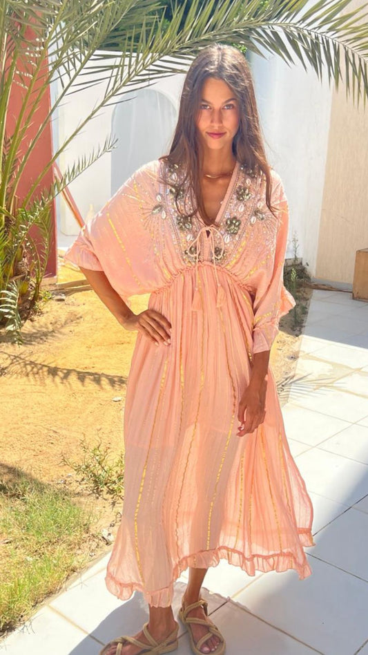 Embroidered Long Dress In Rose