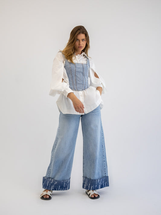 Cuffed Wide Leg Denim Pants