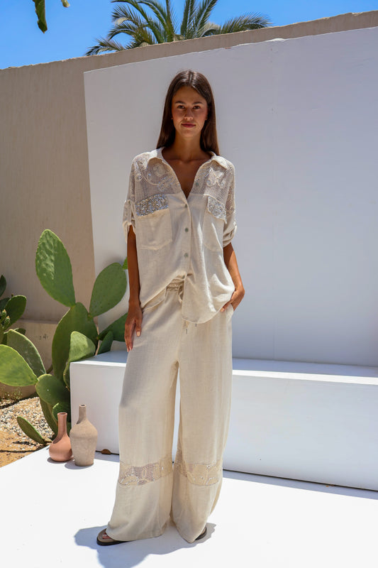 Embroidery soft two pieces set in beige