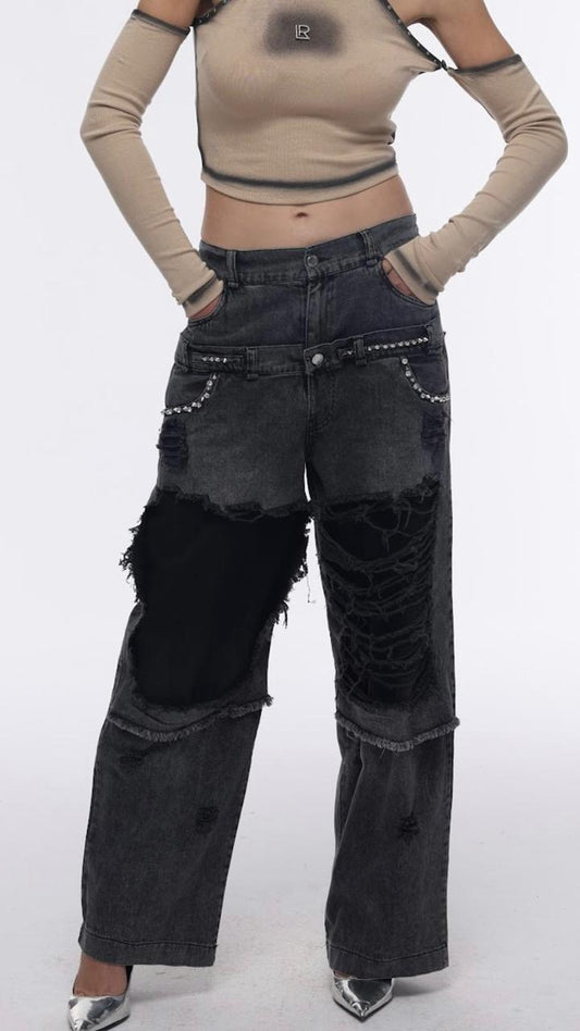 Ripped studded denim pants in dark grey