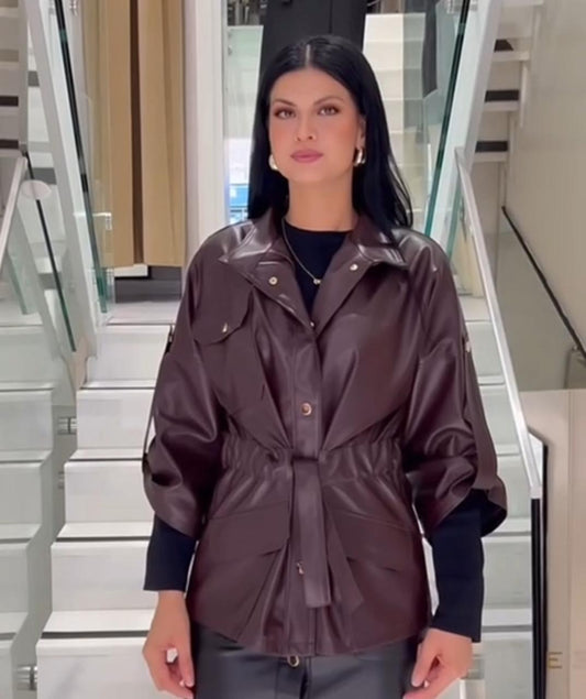 Belted Leather Jacket In Burgundy