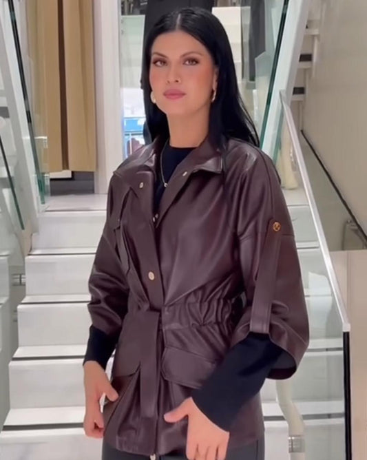 Belted Leather Jacket In Burgundy