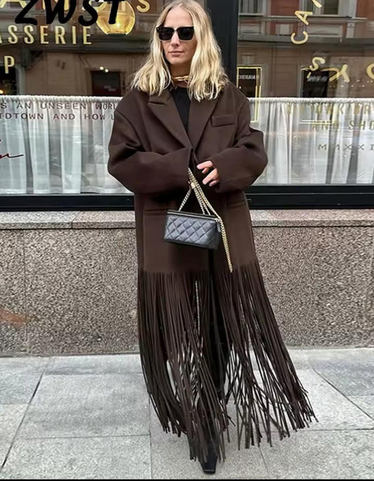 Oversize Long Fringes Coat/ Brown