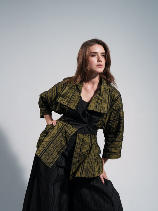 Stripped Belted Jacket In Green