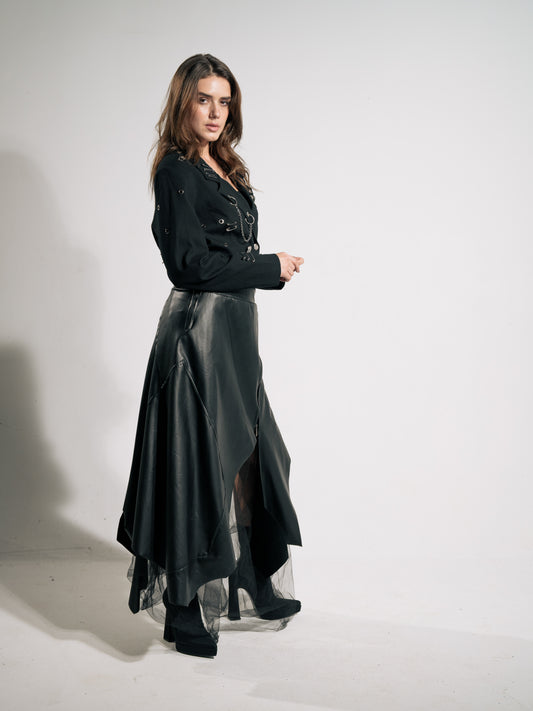 Irregular Leather Lace Skirt