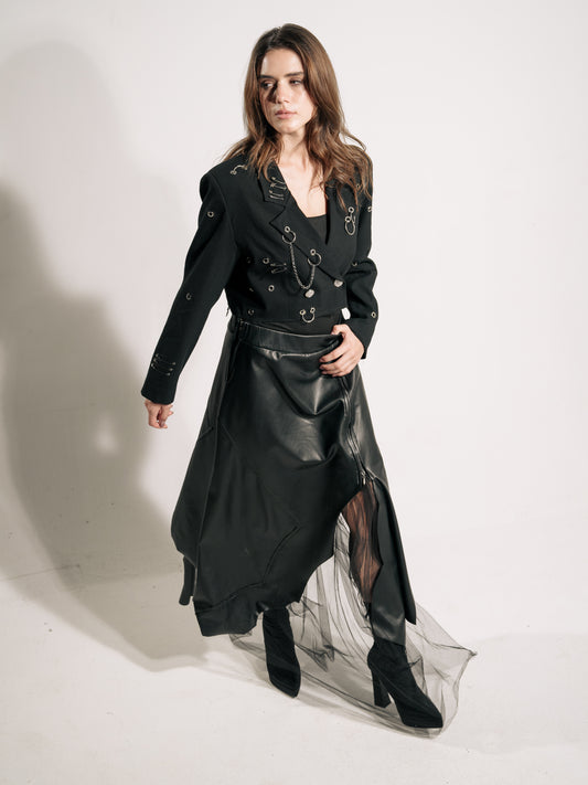 Irregular Leather Lace Skirt